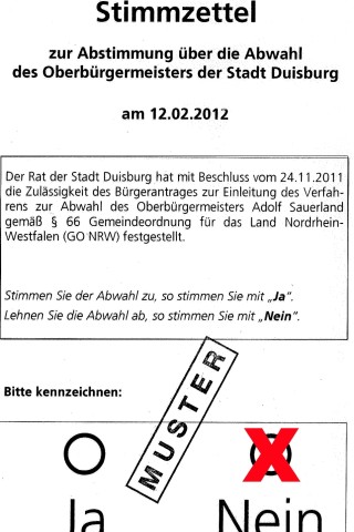 „Nein“ heißt „Nein, ich lehne die Abwahl Adolf Sauerlands ab“., „Ja“ heißt „Ja, ich stimme der Abwahl Adolf Sauerlands zu“.