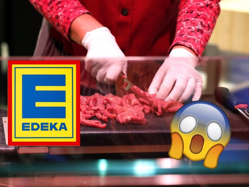 Edeka Fleischtheke Verkäuferin schneidet Fleisch Logo und aufgeregter Smiley