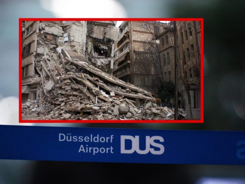 Flughafen Düsseldorf Banner mit Bild von eingestürzten Bauten in der Türkei