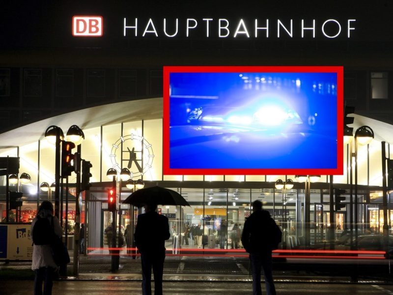Bochum Hauptbahnhof Eingang im Dunkeln Polizeiblaulicht Collage
