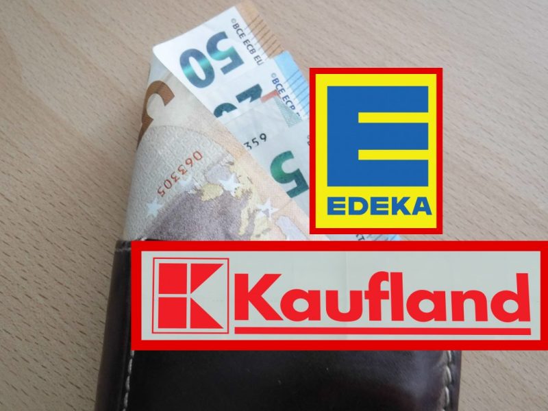 Kaufland- und Edeka-Logo auf Portemonnaie mit Geldscheinen