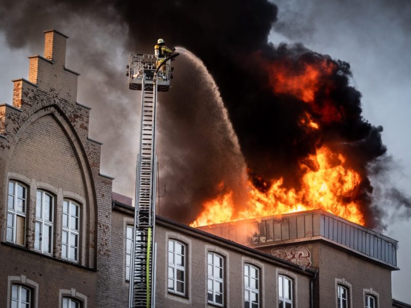 Feuer Krankenhausdach Drehleiter Feuerwehrmann in Duisburg