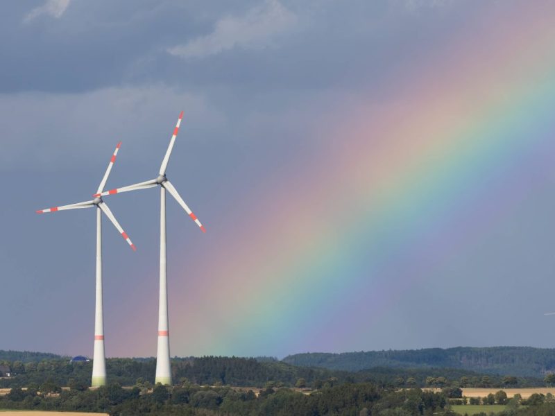 Regenbogen über Land, Windkrafträder in der Eifel