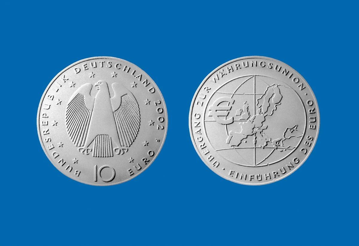 10-Euro-Münze aus Deutschland mit Vorder- und Rückseite.