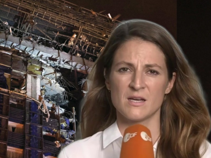 Das zerstörte Hotel in Charkiw und die ZDF-Reporterin Alica Jung