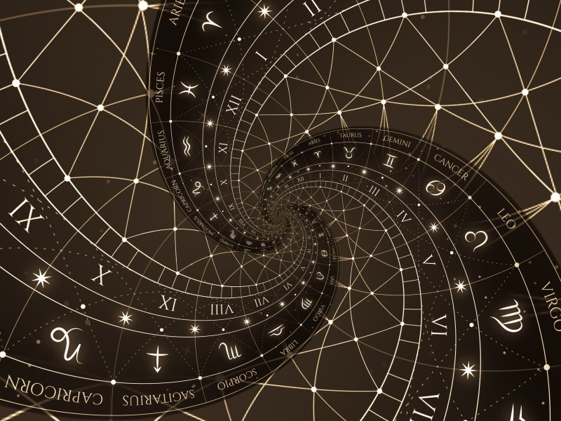 Astronomische Symbole in einer Spirale.