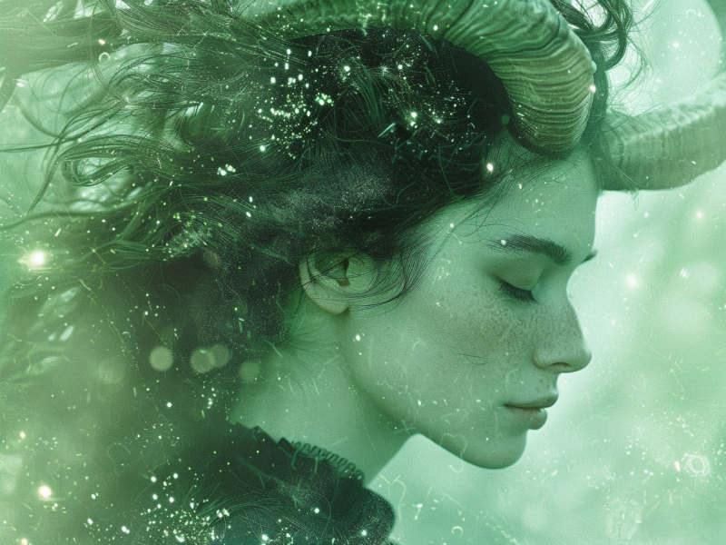 Frau mit Hörnern im grünen Universum.